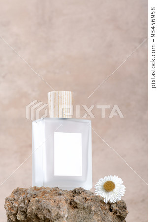 Transparent bottle of perfume with white labels on stone podium on beige terracotta background with dry flower. Transparent bottle of perfume with white labels on stone podium on beige terracotta background with dry flower. 93456958