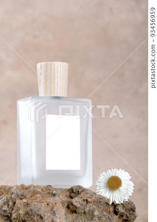 Transparent bottle of perfume with white labels on stone podium on beige terracotta background with dry flower. Transparent bottle of perfume with white labels on stone podium on beige terracotta background with dry flower. 93456959