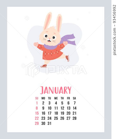 January 2023 calendar. Cute winter bunny skating in knitted sweater and scarf on white background with snowflakes. Vector illustration. Vertical Template. Week from Sunday. English January 2023 calendar. Cute winter bunny skating in knitted sweater and scarf on white background with snowflakes. Vector illustration. Vertical Template. Week from Sunday. English 93456992