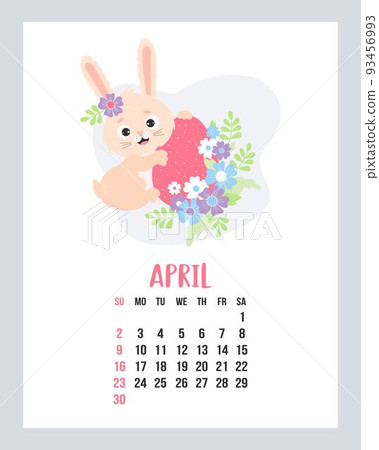 April calendar 2023. Cute easter bunny with easter egg and flowers. Vector illustration. Vertical Template. Week from sunday In English. rabbit is symbol 2023 year. 93456993
