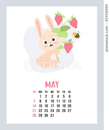 May 2023 calendar. Cute bunny with bouquet of strawberries and funny bee. Vector illustration. Vertical Template. Week from sunday In English. 2023 year rabbit to Chinese zodiac. May 2023 calendar. Cute bunny with bouquet of strawberries and funny bee. Vector illustration. Vertical Template. Week from sunday In English. 2023 year rabbit to Chinese zodiac. 93456994