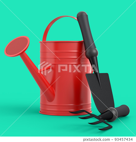 Watering can with garden tools like shovel, rake and fork on green background. 93457434