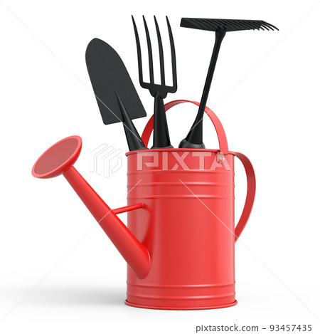 Watering can with garden tools like shovel, rake and fork on white background. 93457435