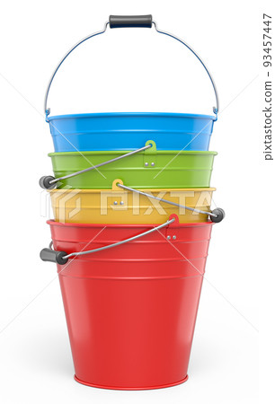 Set of metal garden buckets for hydration of plants isolated on white background 93457447