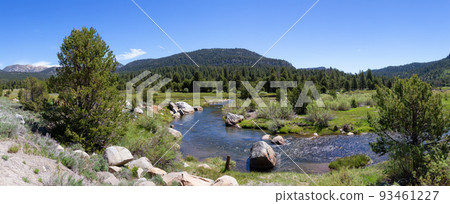 Flowing River surrounded by Rocks, Trees, Bushes and Mountains 93461227