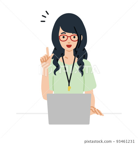 A teacher woman sitting at a desk, opening a PC and inspiring something 93461231