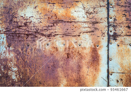 Rusty old scratched metal texture with seams and rivets, copy space Rusty old scratched metal texture with seams and rivets, copy space 93461667