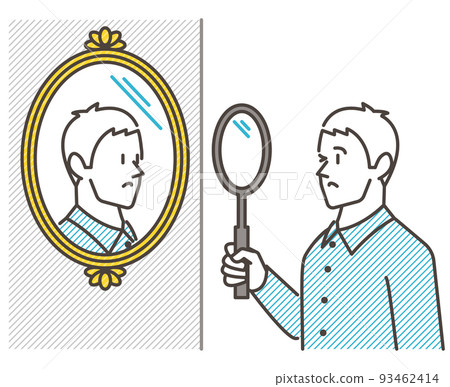 照鏡子的年輕人。自我尋找、自我分析、自我反思的概念[矢量圖素材] 93462414