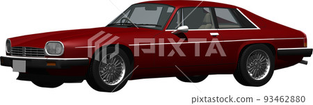 A cutout image of a classic British car, a red Jaguar coupe. background transparent illustration 93462880