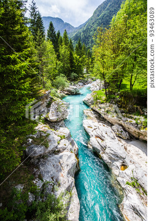 Emerald Soca River in Soca Valley, Slovenia, Europe. Emerald Soca River in Soca Valley, Slovenia, Europe. 93463089
