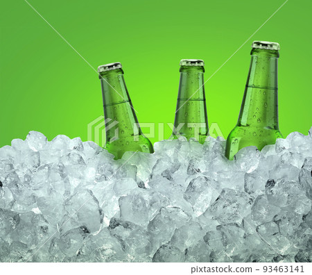 Three beer bottles getting cool in ice cubes. Isolated on a green Three beer bottles getting cool in ice cubes. Isolated on a green 93463141