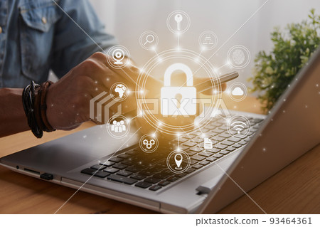 Casual Businessman Hand Touching Mobile Phone Screen and Circle Lock Security Sign 93464361