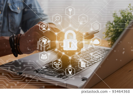 Casual Businessman Hand Touching Mobile Phone Screen and Hexagonal Lock Security Sign Casual Businessman Hand Touching Mobile Phone Screen and Hexagonal Lock Security Sign 93464368