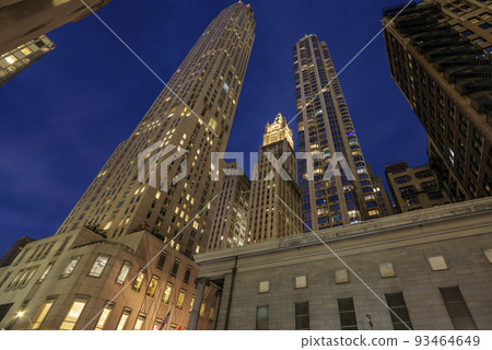 New York City, Old skyscrapers on Broadway, financial district of New York at night time 93464649