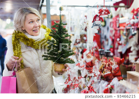 Smiling woman is buying decorative Christmas tree in the market Smiling woman is buying decorative Christmas tree in the market 93466215