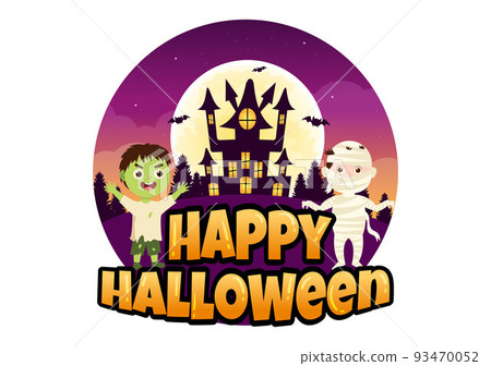 Happy Halloween Template Background Hand Drawn Cartoon Flat Illustration with Children Wearing Various Costumes, Haunted House, Pumpkins, Bats and Full Moon Happy Halloween Template Background Hand Drawn Cartoon Flat Illustration with Children Wearing Various Costumes, Haunted House, Pumpkins, Bats and Full Moon 93470052