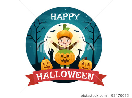 Happy Halloween Template Background Hand Drawn Cartoon Flat Illustration with Children Wearing Various Costumes, Haunted House, Pumpkins, Bats and Full Moon Happy Halloween Template Background Hand Drawn Cartoon Flat Illustration with Children Wearing Various Costumes, Haunted House, Pumpkins, Bats and Full Moon 93470053