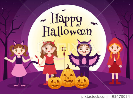 Happy Halloween Template Background Hand Drawn Cartoon Flat Illustration with Children Wearing Various Costumes, Haunted House, Pumpkins, Bats and Full Moon 93470054