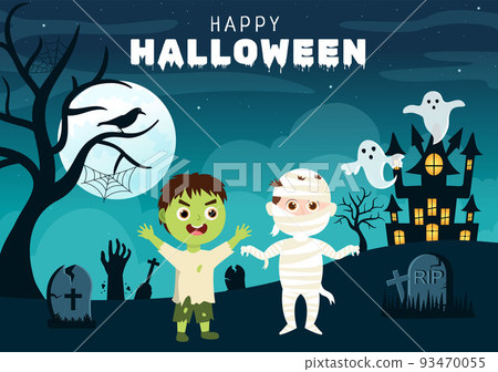 Happy Halloween Template Background Hand Drawn Cartoon Flat Illustration with Children Wearing Various Costumes, Haunted House, Pumpkins, Bats and Full Moon Happy Halloween Template Background Hand Drawn Cartoon Flat Illustration with Children Wearing Various Costumes, Haunted House, Pumpkins, Bats and Full Moon 93470055