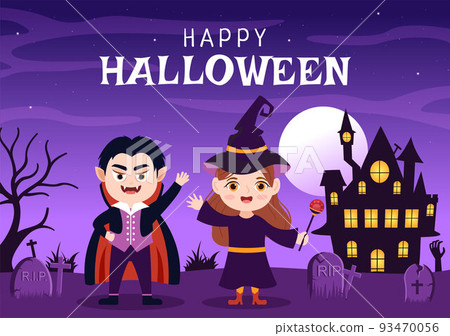 Happy Halloween Template Background Hand Drawn Cartoon Flat Illustration with Children Wearing Various Costumes, Haunted House, Pumpkins, Bats and Full Moon Happy Halloween Template Background Hand Drawn Cartoon Flat Illustration with Children Wearing Various Costumes, Haunted House, Pumpkins, Bats and Full Moon 93470056