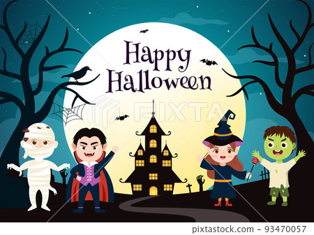 Happy Halloween Template Background Hand Drawn Cartoon Flat Illustration with Children Wearing Various Costumes, Haunted House, Pumpkins, Bats and Full Moon Happy Halloween Template Background Hand Drawn Cartoon Flat Illustration with Children Wearing Various Costumes, Haunted House, Pumpkins, Bats and Full Moon 93470057