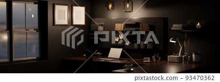 Modern stylish dark office workspace at night with laptop mockup on black table, black wall. 93470362