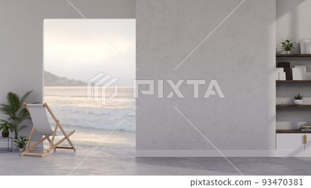 Modern white contemporary beach house interior with beach chair, balcony through the ocean 93470381