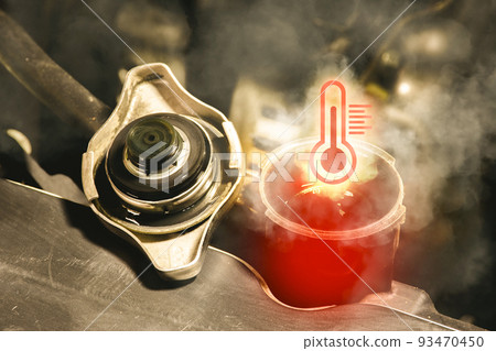Car radiator overheating and smoke with a high temperature signal symbol. Car radiator overheating and smoke with a high temperature signal symbol. 93470450