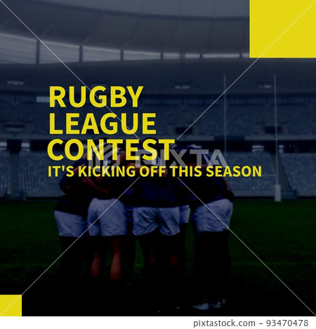 Composition of rugby league contest text over diverse male rugby players at stadium 93470478