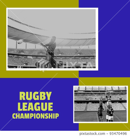 Composition of rugby league championship text over diverse male rugby players 93470496