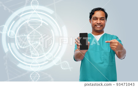 smiling doctor with smartphone over dna projection 93471043