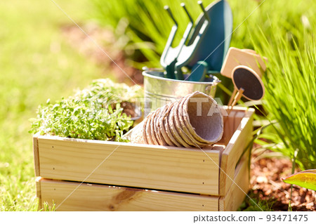 close up of wooden box with garden tools in summer 93471475