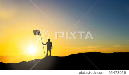 silhouette of businessman with flag on mountain - Stock Illustration ...