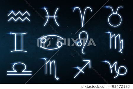 set of zodiac signs over night sky background 93472183