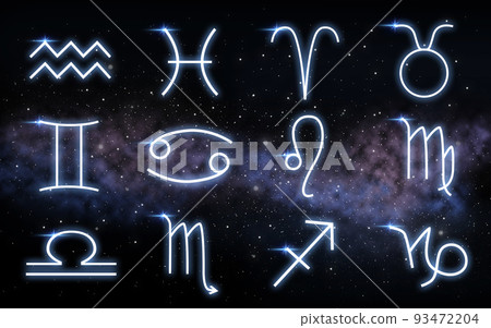 set of zodiac signs over night sky and galaxy set of zodiac signs over night sky and galaxy 93472204