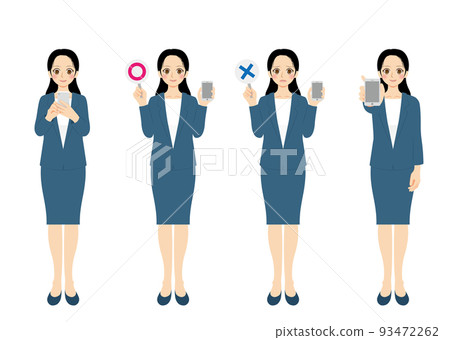 Working woman illustration set full body dark blue suit black hair smartphone 93472262