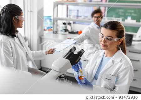 scientists with microscope working in laboratory 93472930