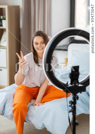 girl blogger with ring light streaming at home girl blogger with ring light streaming at home 93473047