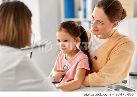 mother, girl and doctor with stethoscope at clinic 93473496