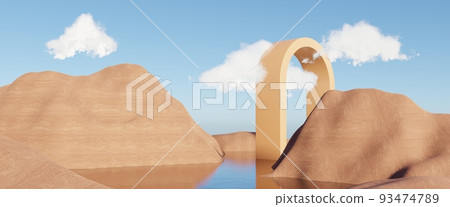 Abstract Dune cliff sand with metallic Arches and clean blue sky. Surreal minimal Desert natural landscape background. Scene of Desert with glossy metallic arches geometric design. 3D Render. 93474789
