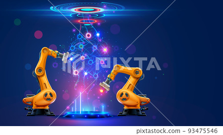 Neural network or artificial intelligence in industry 4.0. Robotic arms creates neural network on podium in virtual reality. Industrial revolution. Concept of futuristic industry technology. 93475546