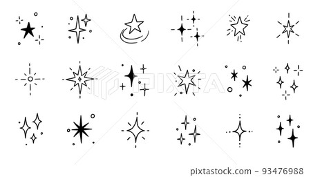 Line star glitter shine of doodle set. Star shine glow, spark glitter, sparkle light. Hand drawn sketch doodle style. 93476988