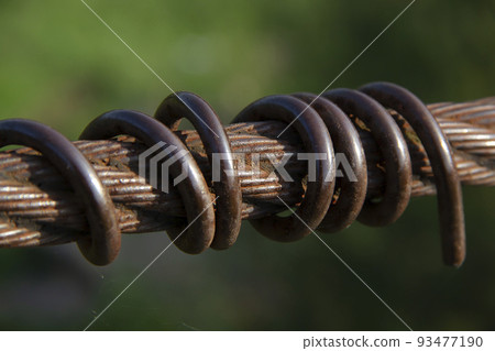 Rope old rusty and wire on a green background of trees 93477190