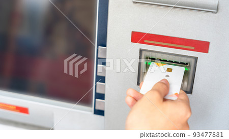 Atm machine money. Hand holding money bank credit card. Withdraw money cash from atm. Us dollar bill, bank credit card. 93477881