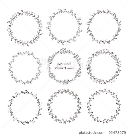 Hand drawn set of round flower frame / white background / fashionable / cute / title / background / pretty / plant / leaf / frame 93478979