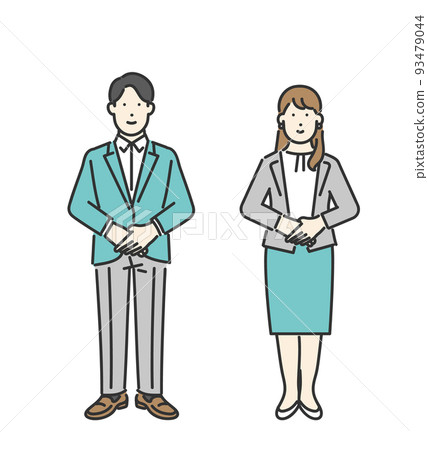 Image illustration material of male and female business people in suits who put their hands together and bow Image illustration material of male and female business people in suits who put their hands together and bow 93479044