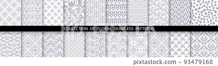 Geometric floral set of seamless patterns. White and gray vector backgrounds. Simple illustrations 93479168