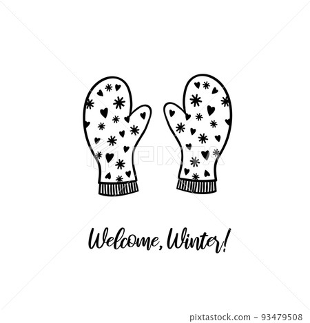 Hello winter! Card with text lettering and illustration of mittens. Seasonal design for cards, poster, advertisement. Hello winter! Card with text lettering and illustration of mittens. Seasonal design for cards, poster, advertisement. 93479508