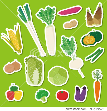 Vegetables ingredients color icon illustration white frame sticker style 93479575