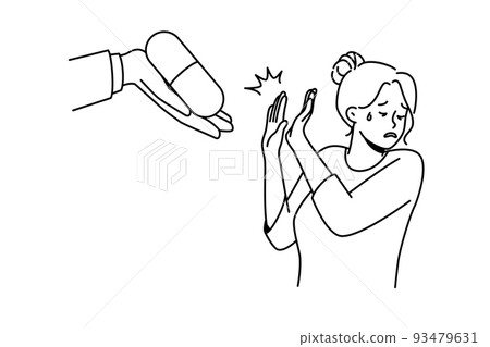 Frustrated woman reject medication from doctor  93479631